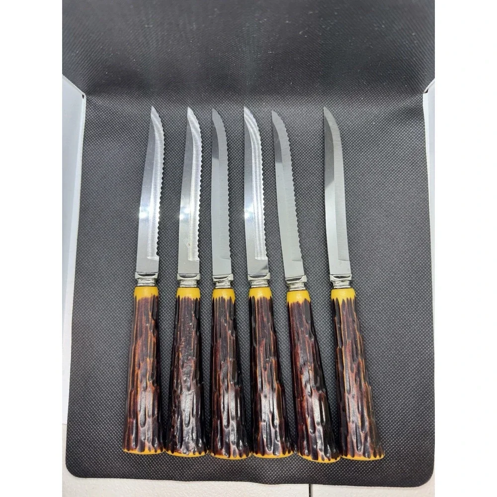Vintage Forgecraft USA Steak Knives Set of 6 Faux Stag Drip Handle Stainless